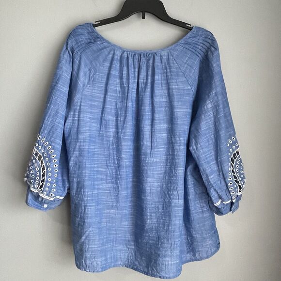 Talbots Tunic Embroidered Blouse Women's 2Xp Blue Cut Outs Tassels Boho India - Picture 4 of 15